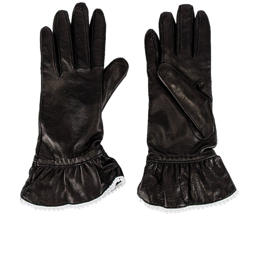 LELE SADOUGHI RUFFLE PEARL LEATHER GLOVES $165 MEDIUM JET